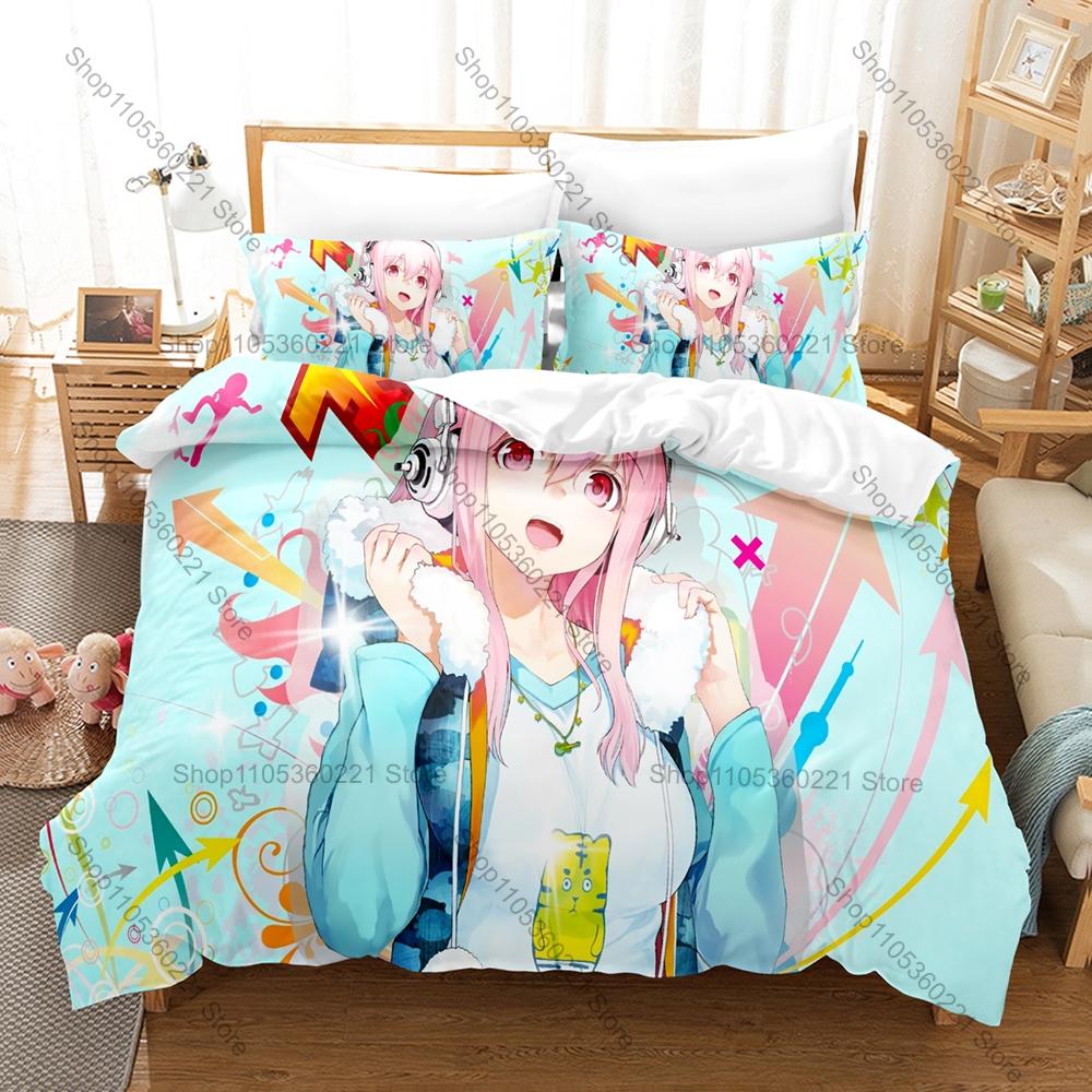 Anime Style Bedding Set, Duvet Cover + 2 Pillowcases, Super Sonico Design Comfortable Home Bedding Supplies