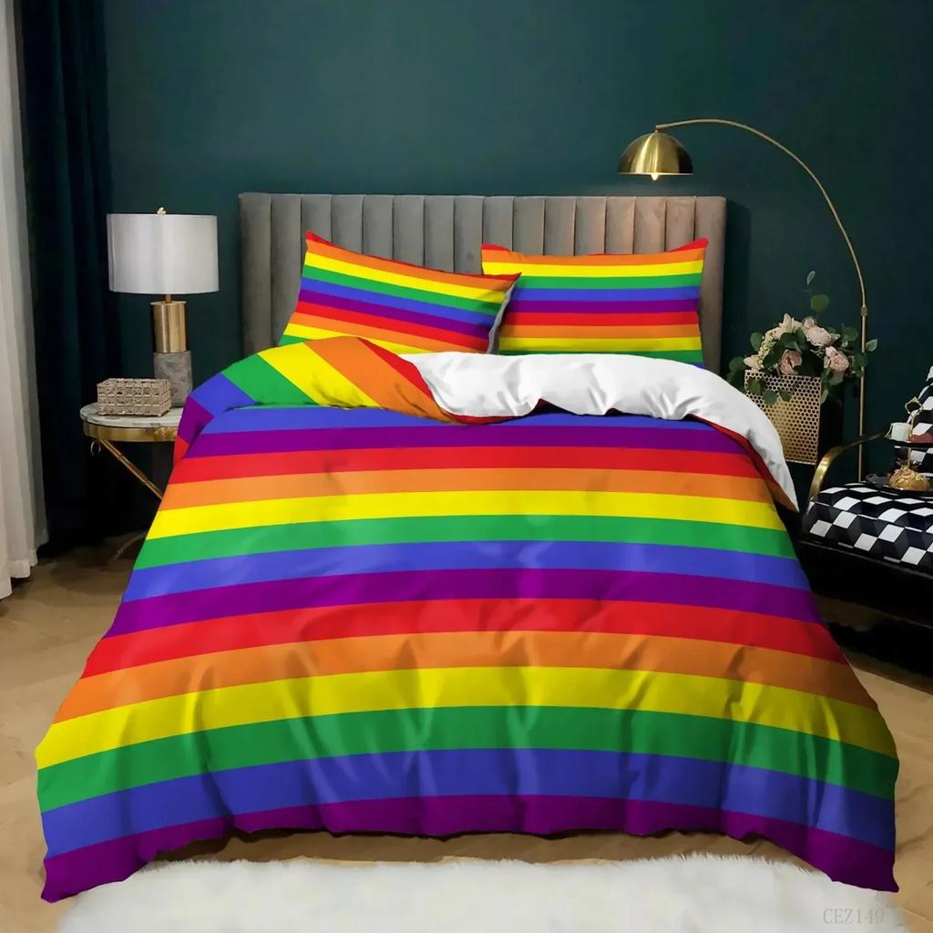 Rainbow Pride Bedding Set Rainbow Flags Duvet Cover Set Rainbow Stripe Design 3D Soft Microfiber Bedding Queenking Size