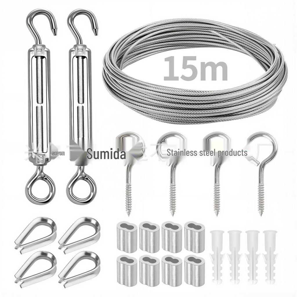 Beschriftbares 15m/50m Stahlseil mit Kunststoffummantelung Gartenseil Seilspanner-Kit - Tragfähiges Aufhängungsdrahtseil