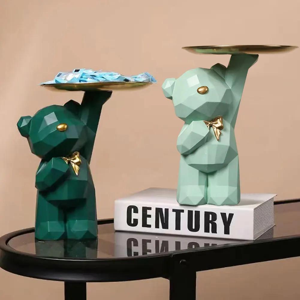 Geometric Bear Key Holder Figurine Entrance Crafts Resin Desk Decoration Candy Sundries Household Supplies for Home Living Room