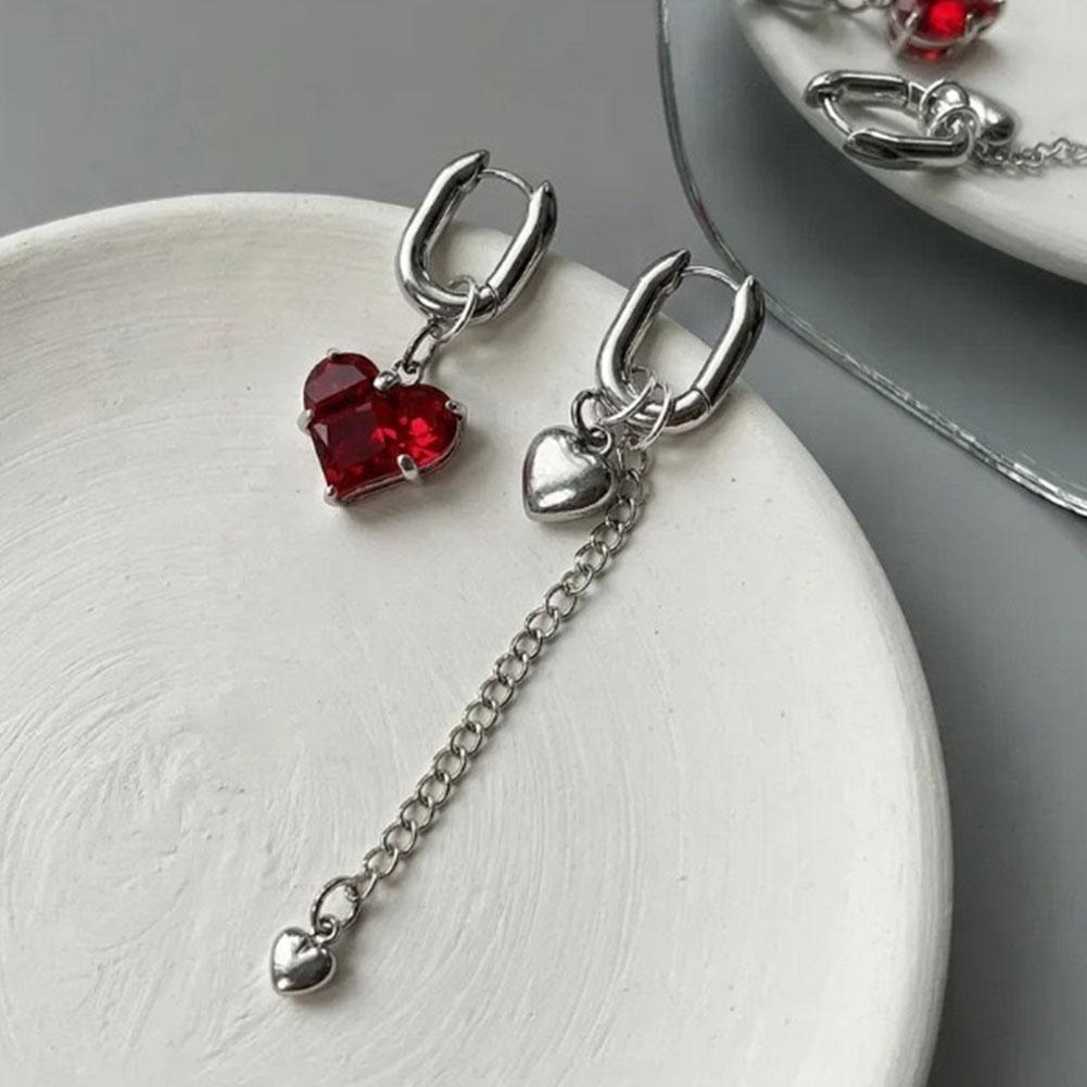 Titanium Steel Asymmetrical Heart Zircon Long Tassel Dangle Earrings Minimal Elegant Fashion Women Daily Party Jewelry Gift