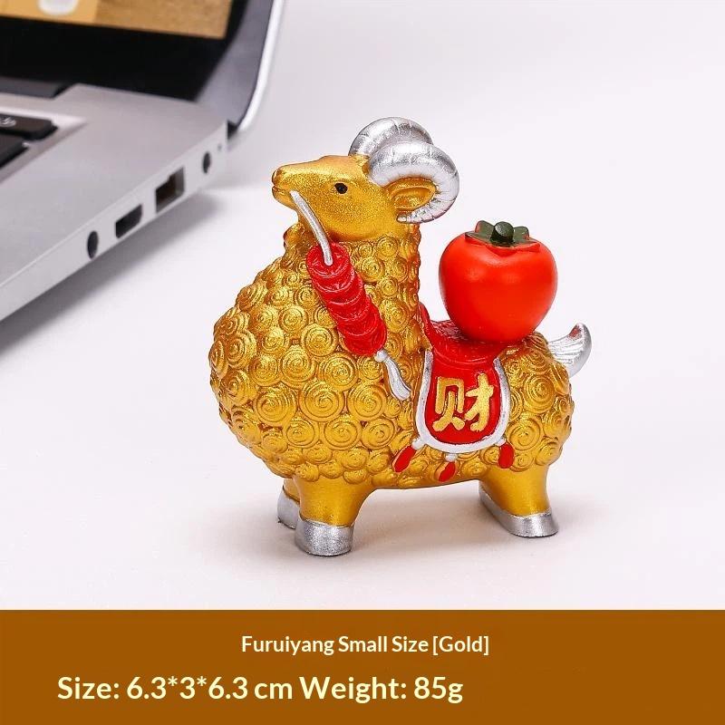 Feng Shui Goat Statue Golden Sheep Figurine Zodiac Wealth Ornament Rotating Persimmon Luck Chinese Collectible Home Decor Gift