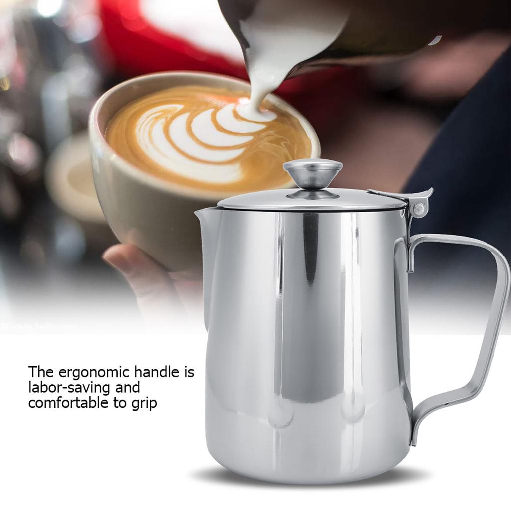 Stainless Steel Coffee Cup Mug Milk Frothing Pitcher Jug with Lid for Latte Coffee Art