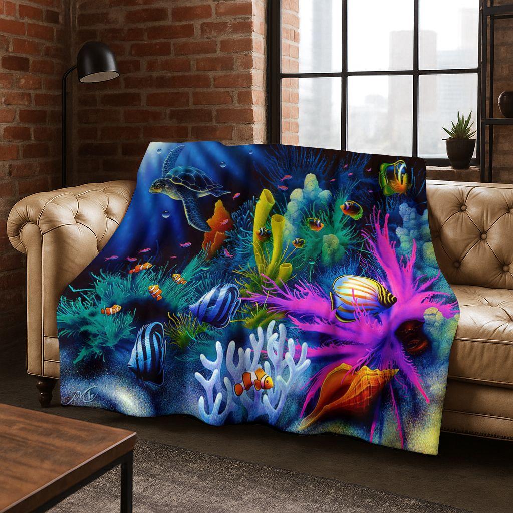 Dream Underwater World Sea Dolphin Turtle Coral Art Flannel Blanket,Cozy Soft Throw Blanket for Home Bedroom Bed Sofa Gift Kids