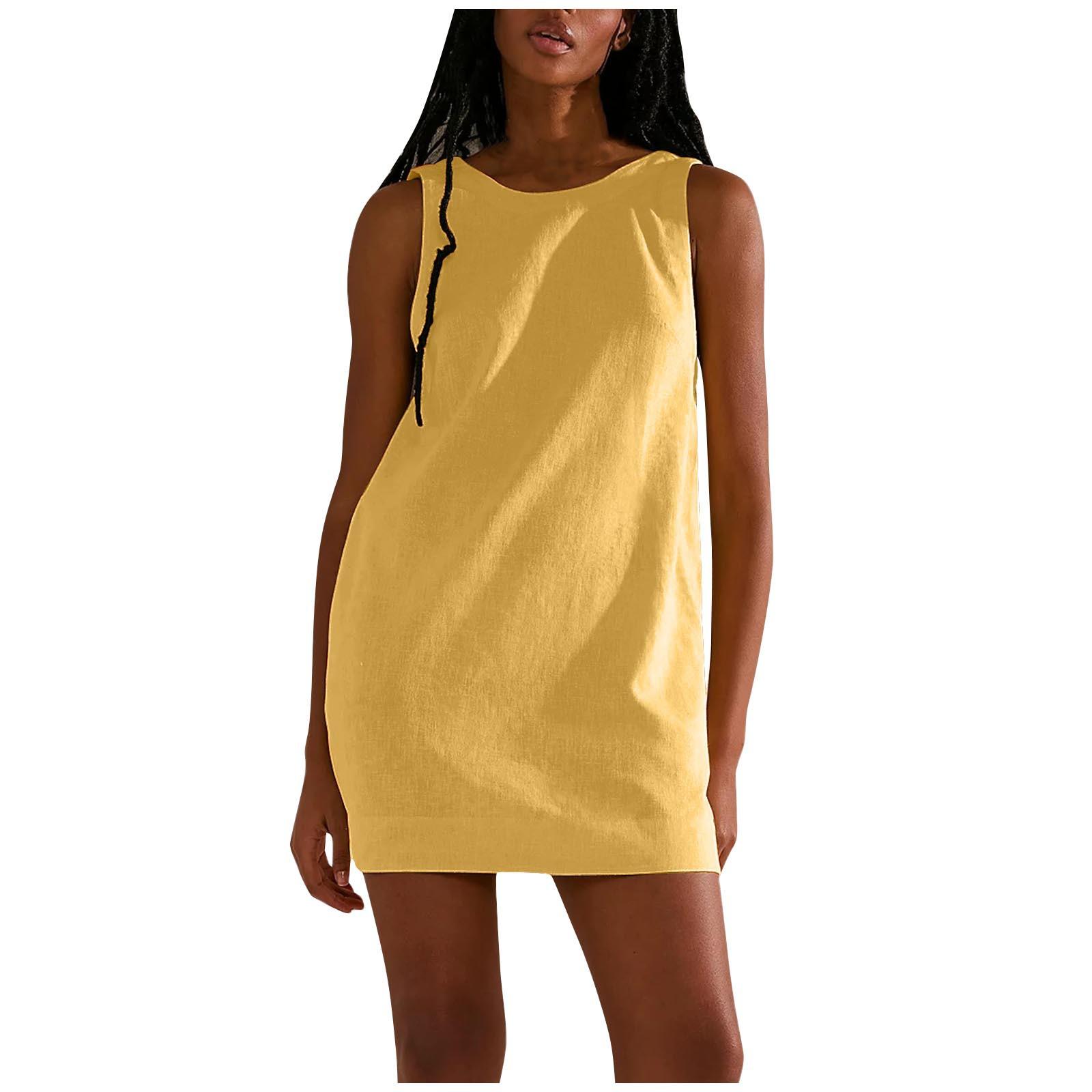 

Летние женские хлопковые льняные удобные однотонные платья без рукавов с открытой спиной и карманами XXL имбирный