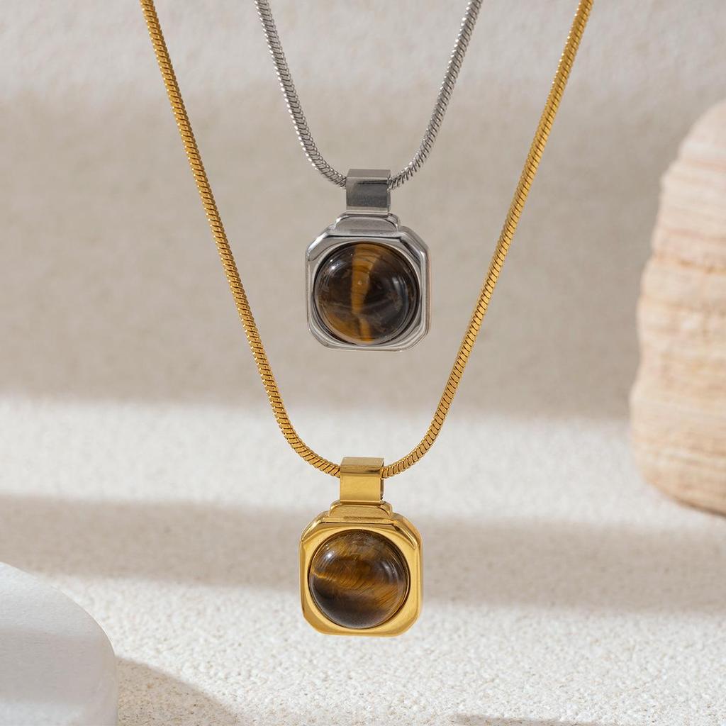 Versatile Retro Chic Titanium Steel Necklace with Natural Tiger Eye Pendant