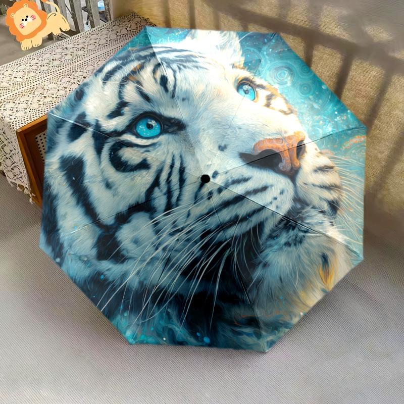 Tiger Head  Pattern, Automatic Folding Umbrella, Portable and Foldable Design, 8 Ribs, a Christmas or Birthday Gift.