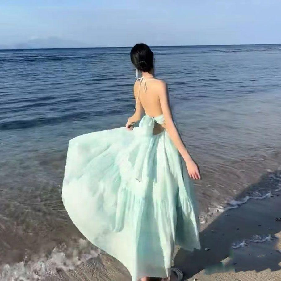 Mint Mambo Beach Resort Chic Halter Neck Fairy Dress with Flowing Hem Skirt