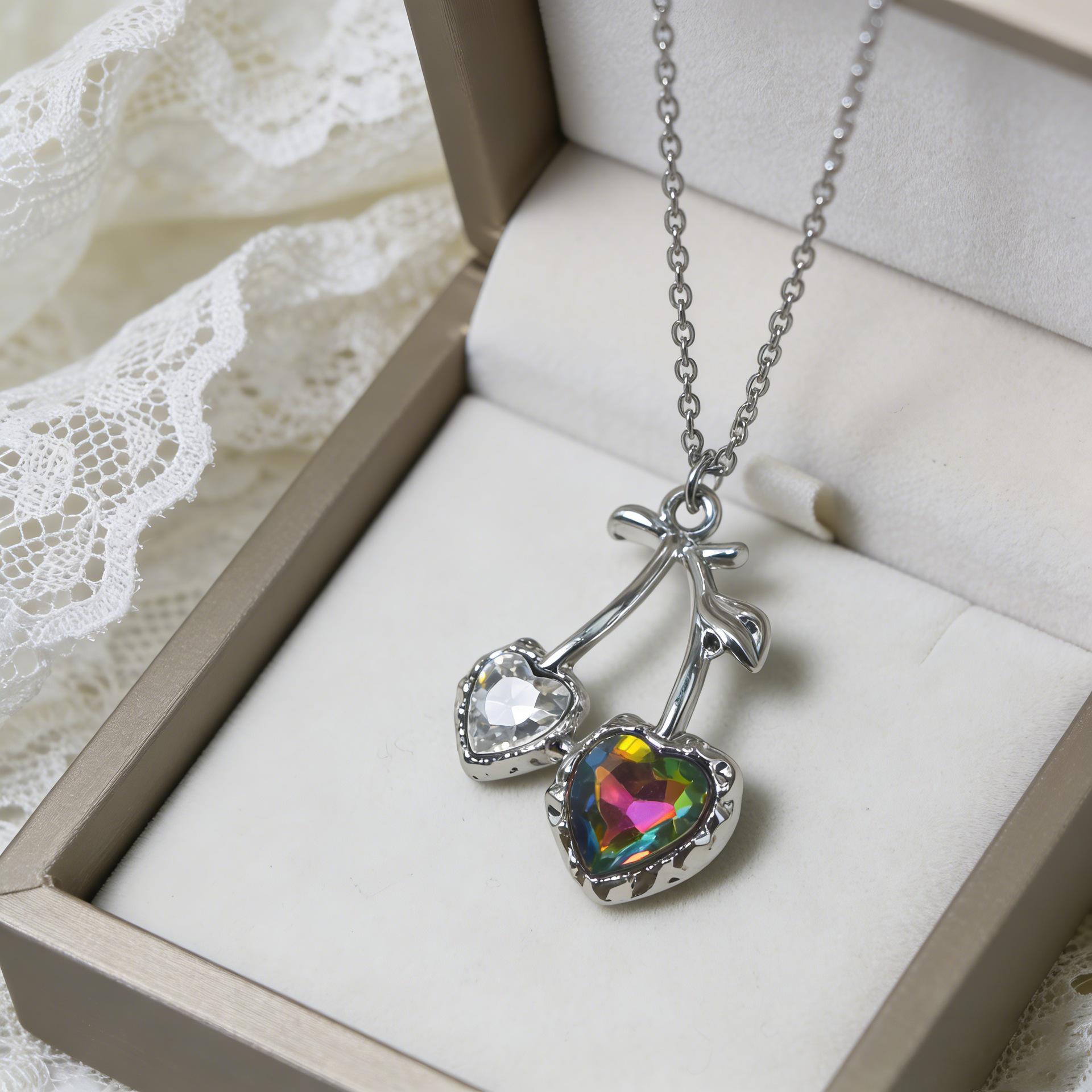 Southeast Asia Colorful Double Heart Cherry Necklace - Ins Style Sweet Versatile Jewelry. Electroplated