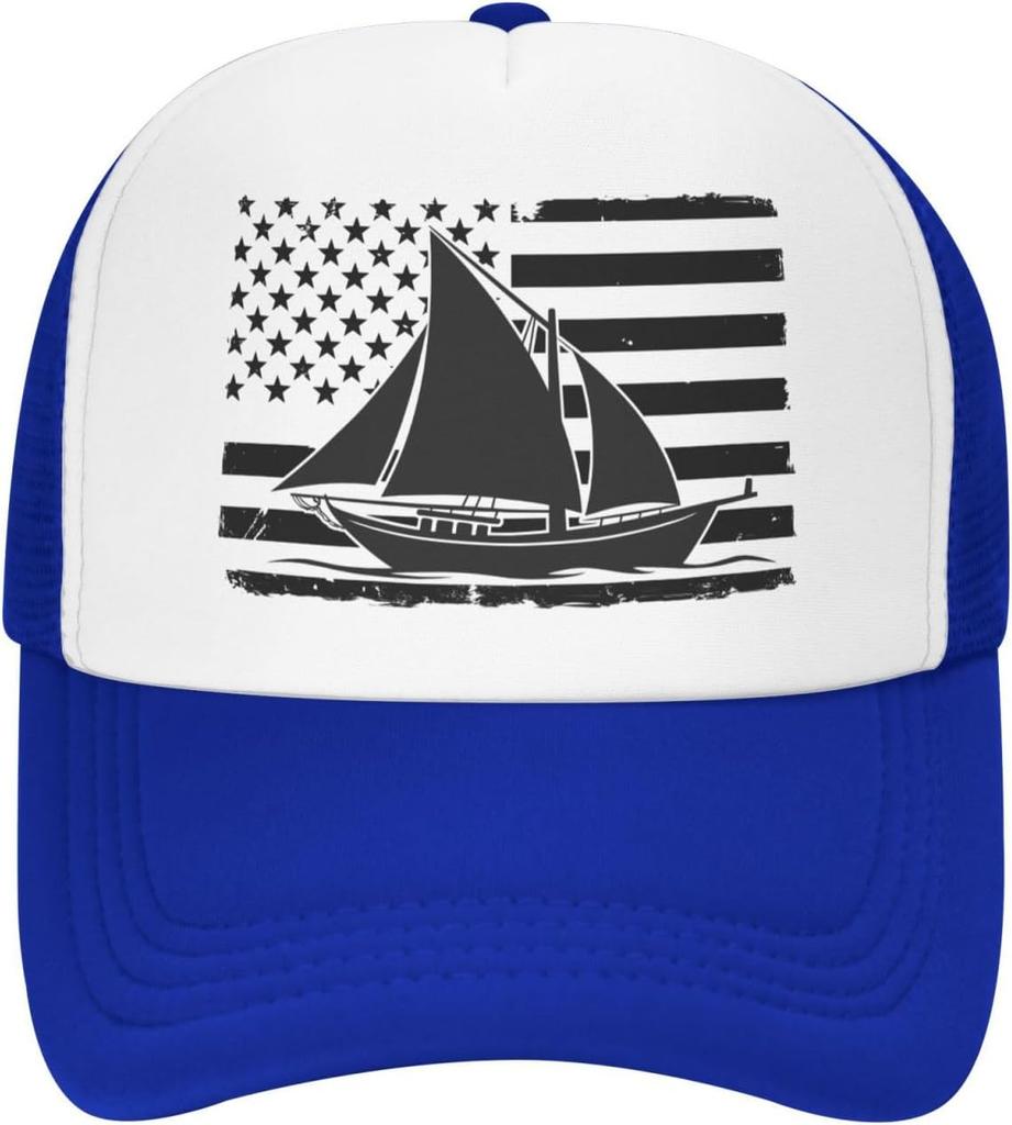 Distressed American Flag Sailboat Trucker Hat Sailing Graphic Mesh Cap Adjustable Outdoor Dad Hat
