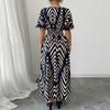 Women Casual Short Sleeve V Neck Bohemian Holiday Style Striped Printed Big Hem One Piece Dress