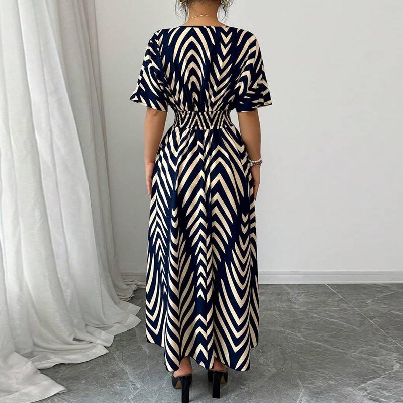 Women Casual Short Sleeve V Neck Bohemian Holiday Style Striped Printed Big Hem One Piece Dress