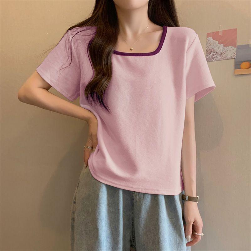 Women's Summer Loose Plus Size Square Neck Slimming Short Sleeve T-shirt - Stylish and Versatile for Chubby and Slightly Chubby Figures