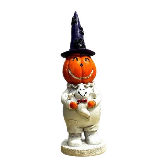 Yousheng Halloween Smiling Pumpkin Man Statue Spooky Wizard Hat Pumpkin Holding Ghost Resin Figurine Sculpture Party Home Desktop Decoration Ornament
