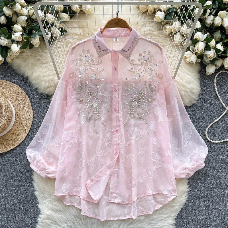 

Легкая роскошь светская львица тяжелая промышленность бисер пайетки вышивка рукав-фонарик рубашки женские лето тонкие свободные уличные с длинным рукавом топ Pink All yards