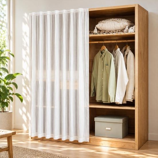 Kitchen Storage Cover Self Adhesive Closet Curtain, Sheer Door Privacy Drape, Light Filtering Easy Installation Drape Gauze Curtain with Hook-And-Loop