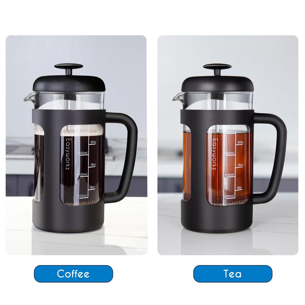 Easyworkz French Press Tepelně odolné sklo Pouze pro kávu a čaj s měkkou rukojetí 1000 ml (8 šálků) Černá