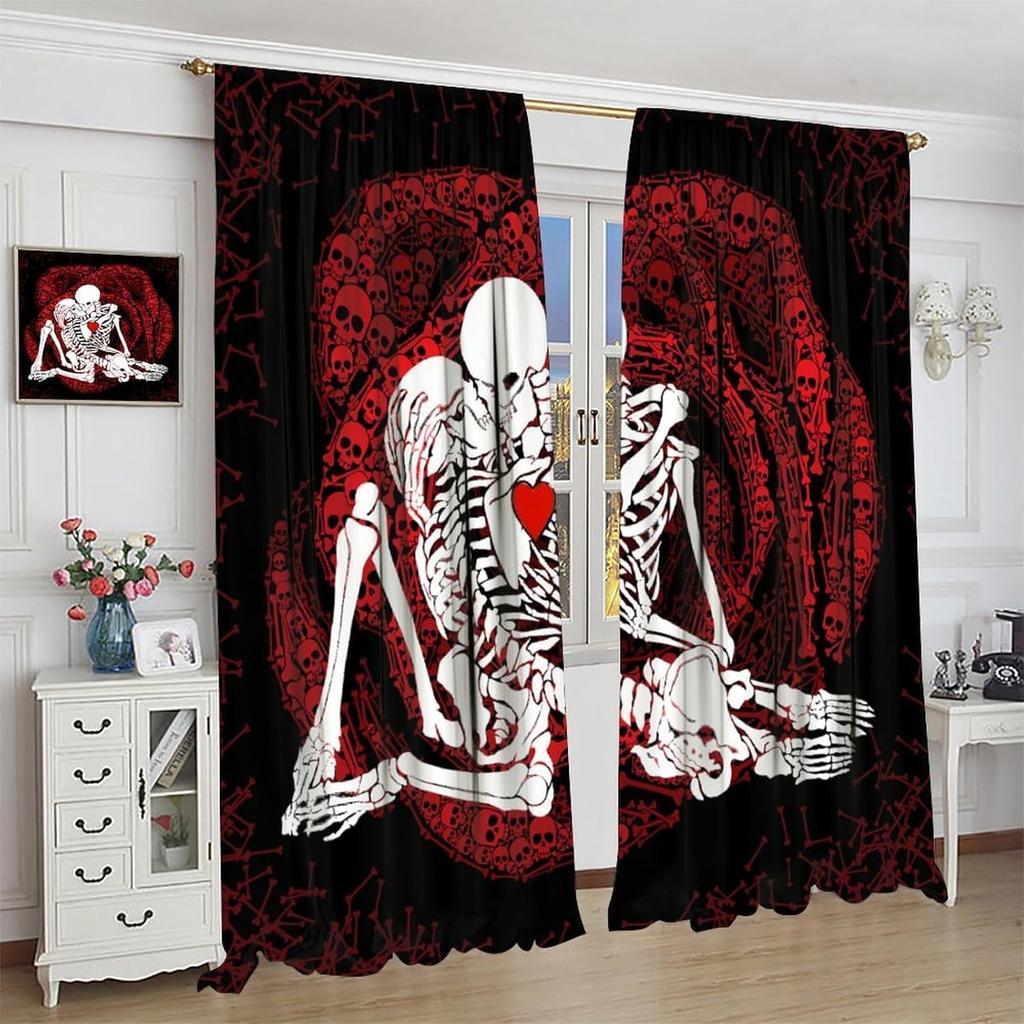 Gotische Rose Skelett Vorhänge Romantisch Schwarz Rot Abstrakt Knochen Floral Küssend Menschliches Schädel Heimdekoration Vorhänge Vorhang Vintage Polyester Mit Stangentasche