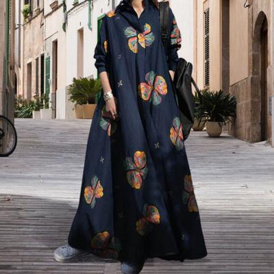 Femmes Maxi Robe Rétro Style Ethnique A-ligne Lâche Imprimé Floral Col Rabattu Manches Longues Grande Taille Cheville Longueur Big Swing Lady Dress
