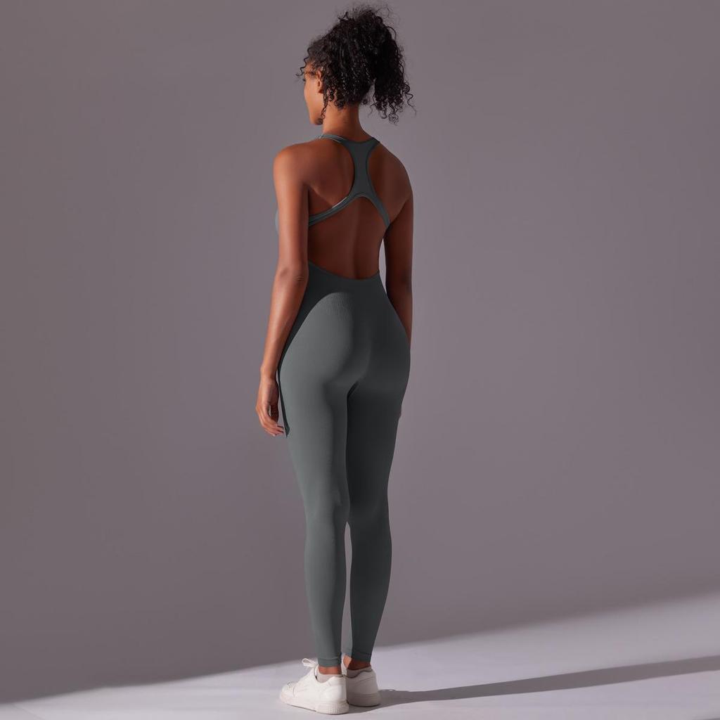 Sömlös enfärgad yogajumpsuit med öppen rygg