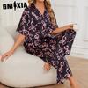 GMXIA Fortschrittlicher leichter Luxus Pyjama Damen Frühling und Herbst Eis Seide Kurzarmhemd Hose Anzug Homewear
