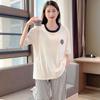 Spring and autumn summer pure cotton pajamas women's short-sleeved trousers round neck pullover cartoon bear imitation cotton women's loungewear suit