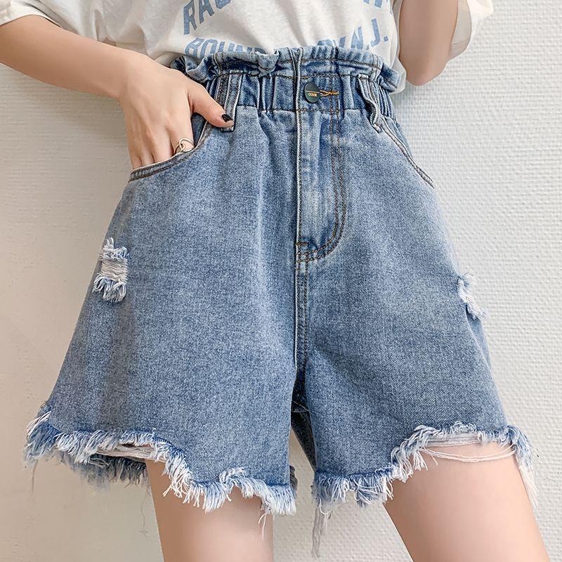 

Шорты-бермуды из денима с высокой посадкой в стиле Гонконга, с дырками и мешковатого кроя Light blue L