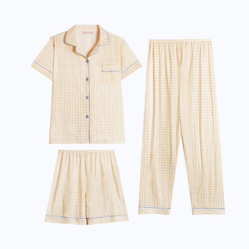 New plaid control pajamas women's summer cardigan short-sleeved short trousers three-piece set sweet student loungewear