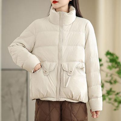 Retro Stand-up Collar Short Down Jacket Women's 2025 New Fashion and Literary Style White Duck Down Thickened Casual Jacket Tide