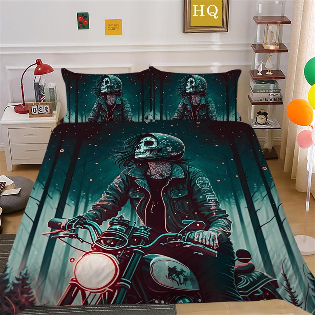 3D Beauty Skull Head Bedding Set Beauty Skull Head Motorcycle Pattern Quilt Cover Pillow Case 2/3 Pieces Microfiber Fabric Full Size Home Decoration
