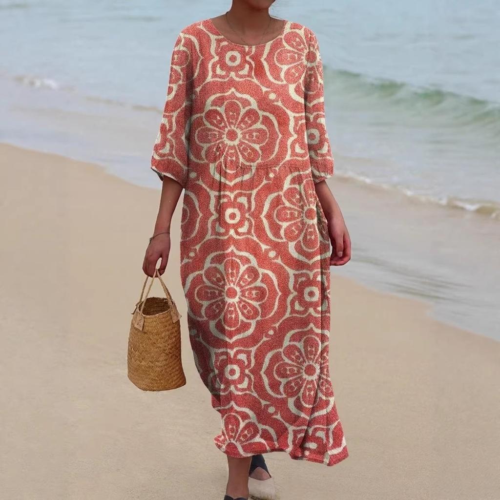 European and American New Large-size Dress Women's Clothing Seaside Vacation Printed Loose Long Dress