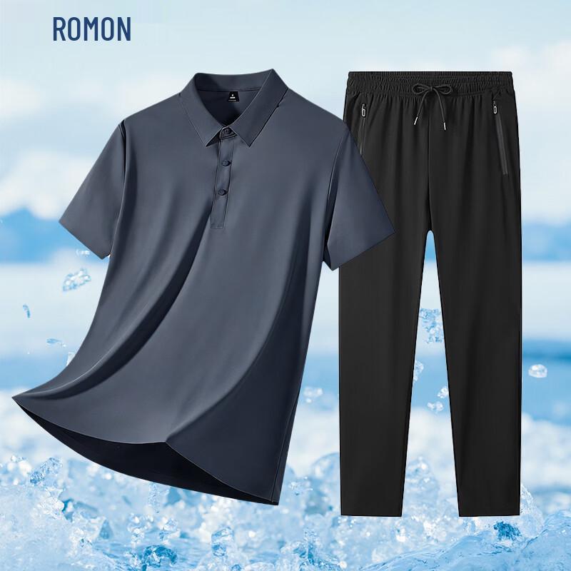 

ROMON Men s Seamless Ice Silk Polo Shirt & Shorts Set 4XL