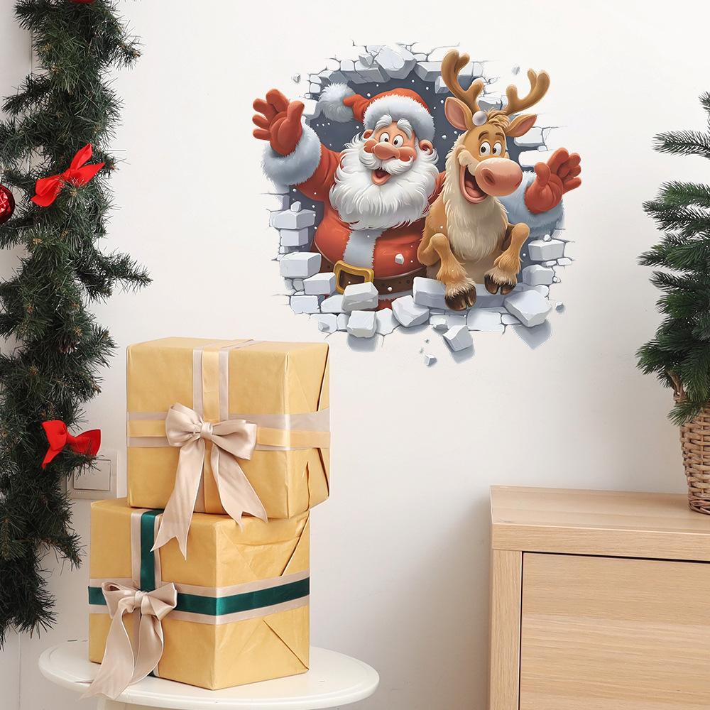 Broken Wall Santa Claus and Elk Living Room Entrance Hall Home Festival Beautification Wall Stickers