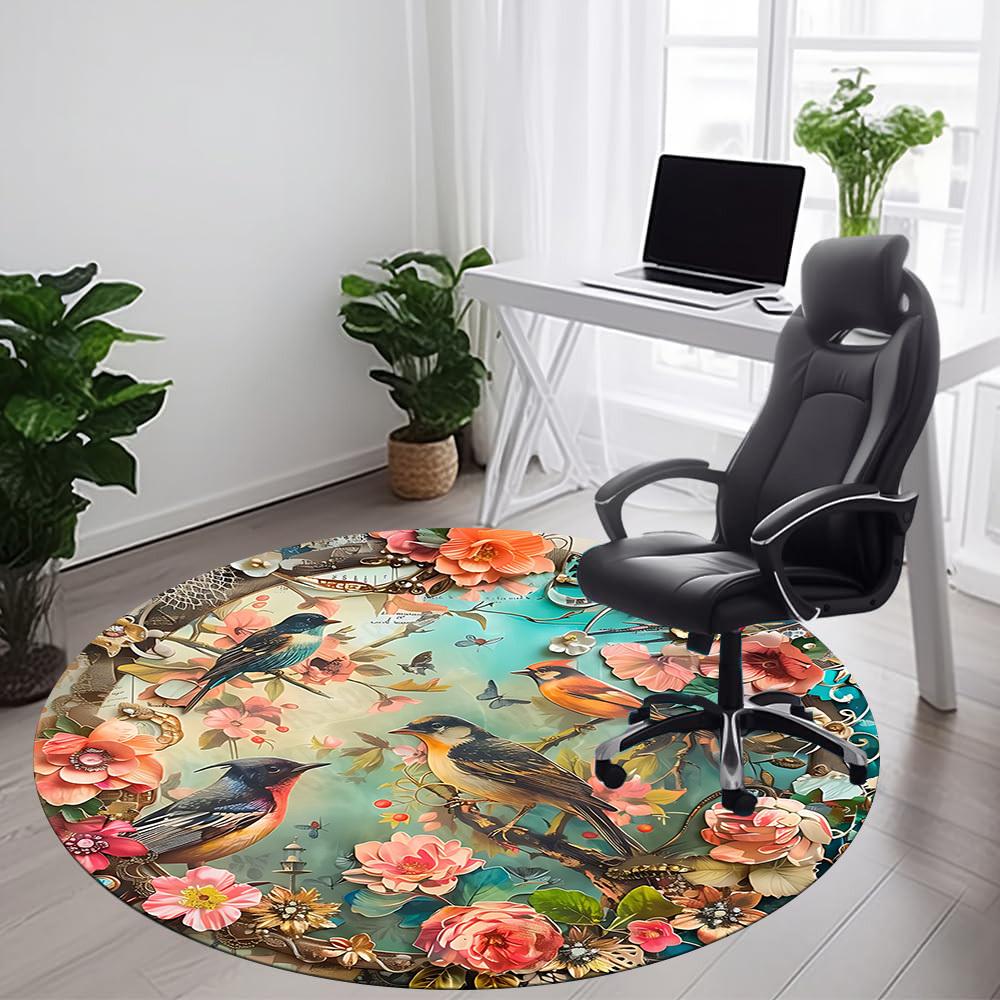 1PC Floral Birds Office Round Area Rug, Mat Suitable For Office, Under Office Chairs Bedroom Living Room Home Decor, Room Deco