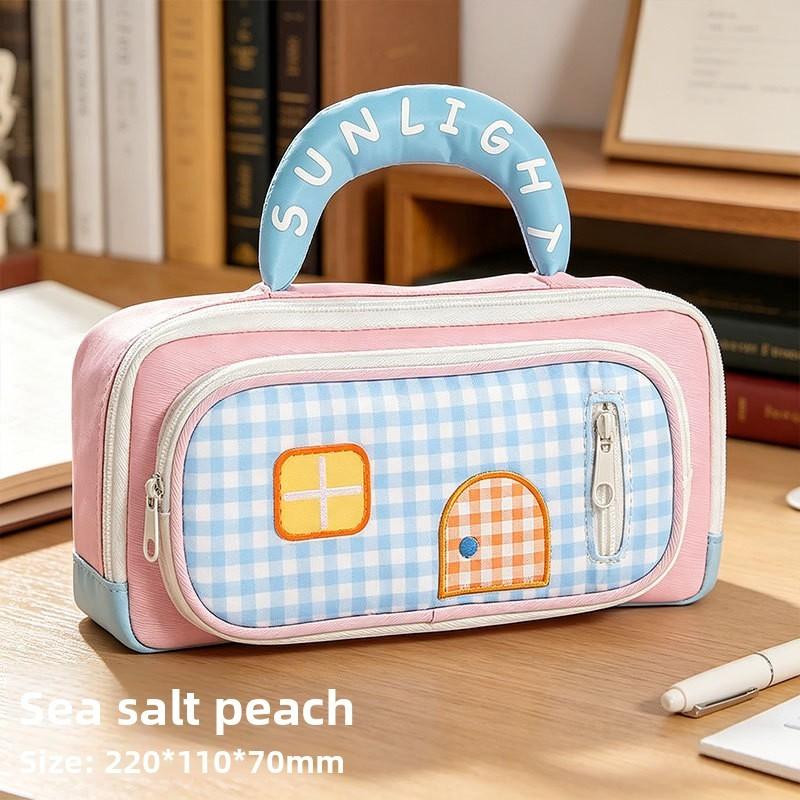 Color Blocks House Pen Case With Large Capacity For Office And School Use