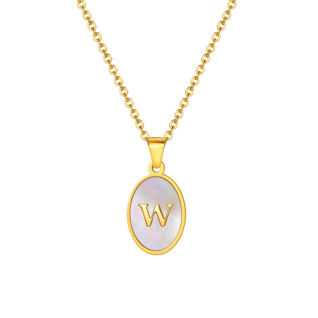 Stainless Steel Oval White Shell 26 Letter Pendant Name Letter Necklace Commemorative Gift Pn-2186