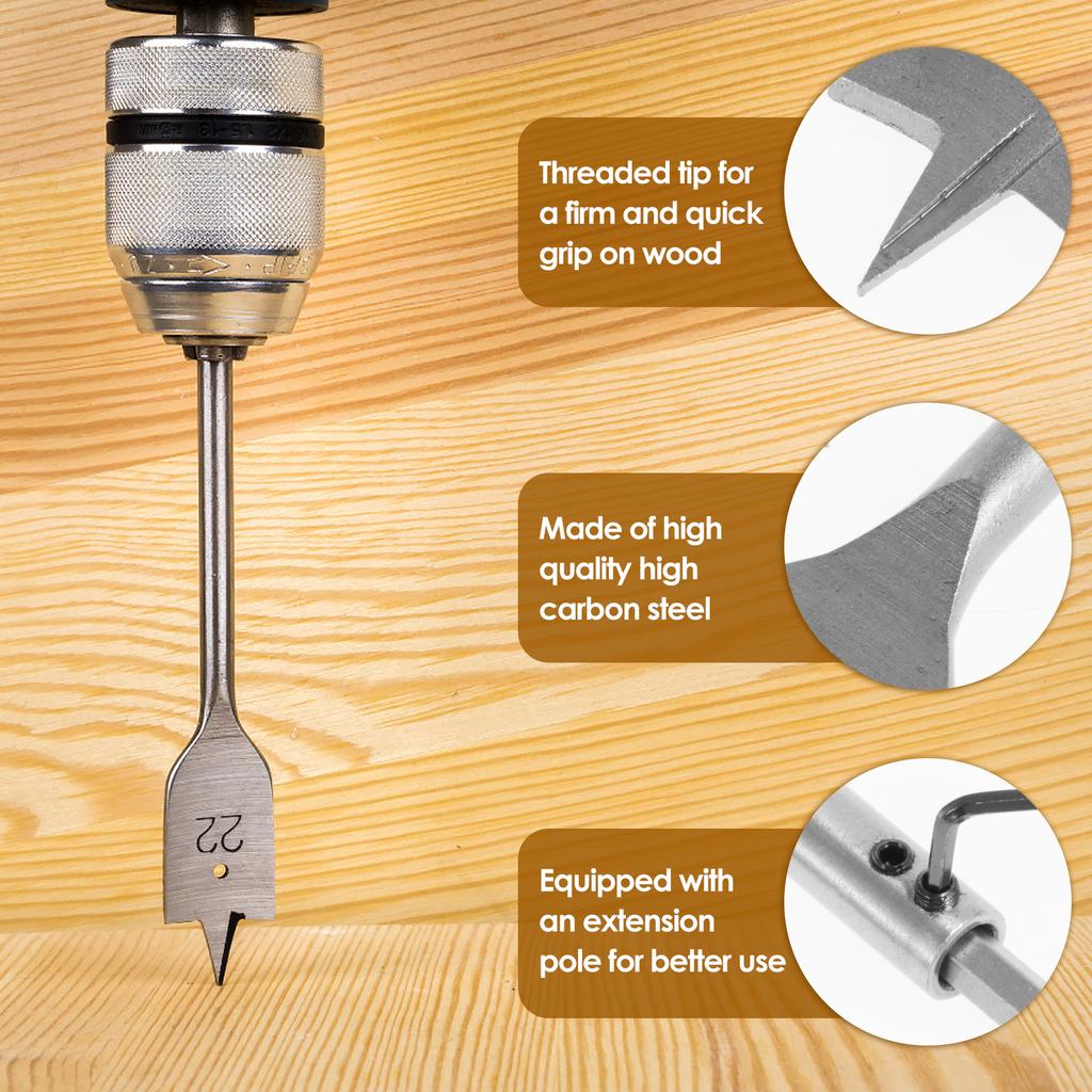 15PCS 6-25mm Durable Woodworking Tool Sets Flat Drill Long High-carbon Steel Wood Flat Drills Woodworking Spade Drill Bits