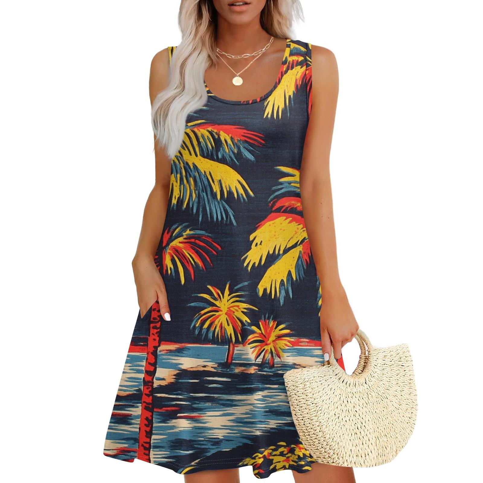 

Женское повседневное модное платье с принтом и U-образным вырезом без рукавов L тёмно-синий