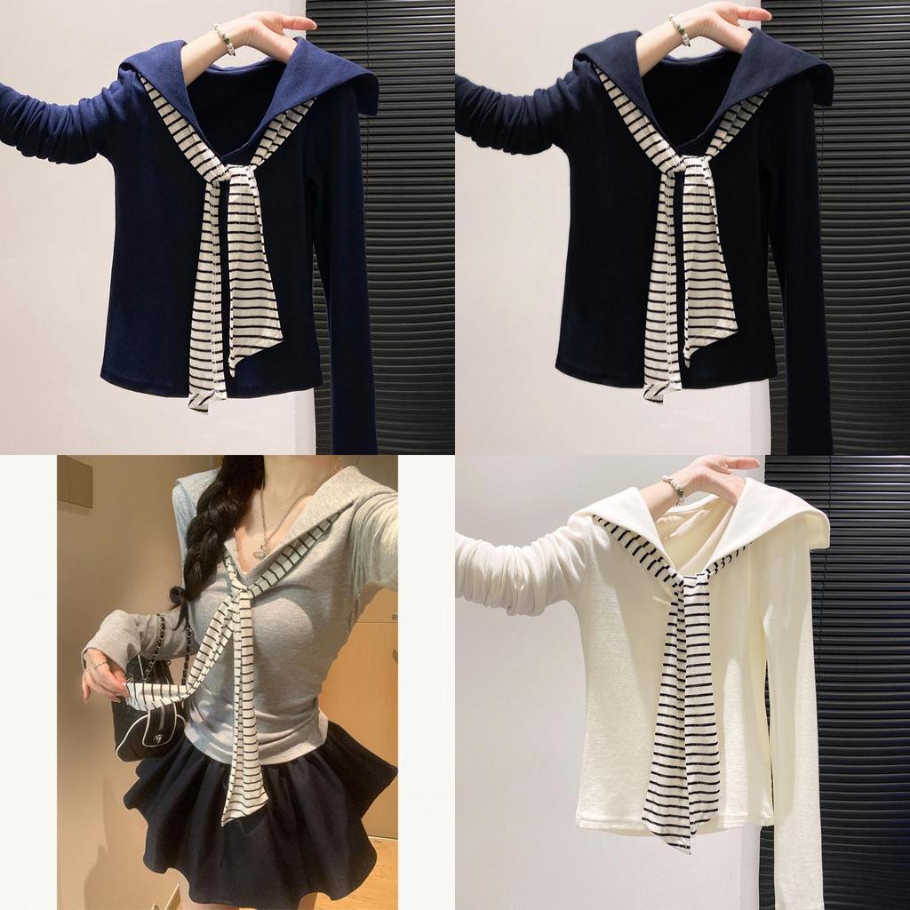 Minimalist Long Sleeve T Shirt For Women With Striped Pattern And Crew Neck For Casual Wear