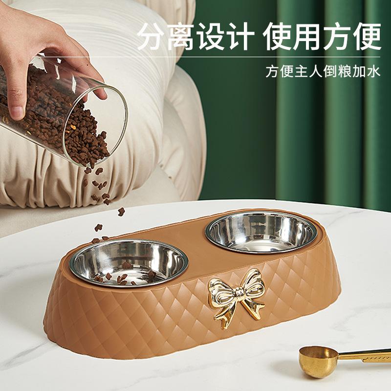 Pet Supplies Bow-tie Bowknot Cats Food Bowl PP Base Dog Bowl Stainless Steel Double Pet Accessories Feeding Drinking Double Bowl