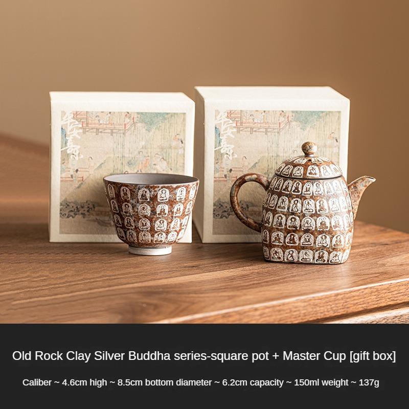 Gilt Silver Ten Thousand Buddhas Square Pot Chinese Retro Tea Set Household Small Teapot Ceramic Kung Fu Maker Single Teaware