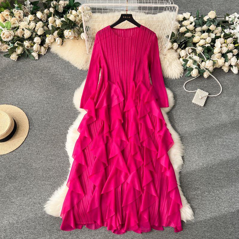

Socialite Style Fancy Sanzhai Ruched Elegant Dress Spring Clothes Female Stylish Ruffles Silm Long Dress Rose Red