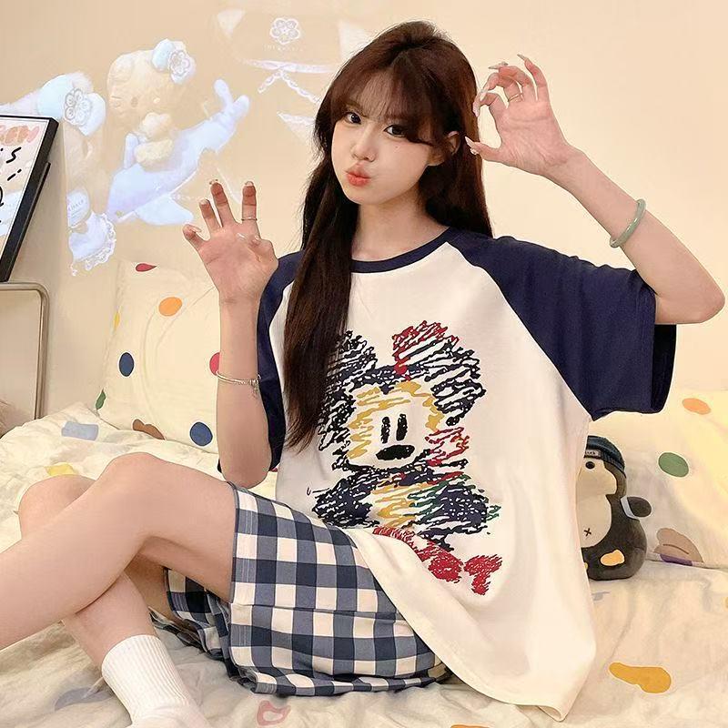 Women's Plus Size Summer Cartoon Pajama Set - Cute Donald Duck Short Sleeve Homewear