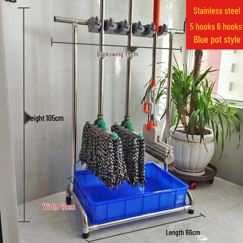 Movable Stainless Steel Mop & Broom Hanger - Floor-Standing Punch-Free Storage Rack for Balcony & Bathroom