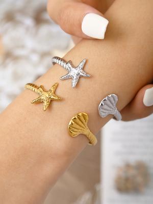 Summer Beach Series Fashion Personality Cute Bohemian Style Stainless Steel Plated 18K Gold Starfish, Shell Bracelet Female
