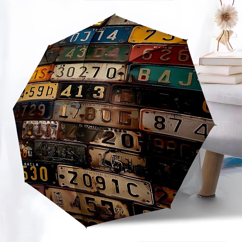 License plates, Background Themed Automatic Opening and Closing Umbrella, Brightly Colored 8-rib Portable Umbrella, Suitable for Men and Wom