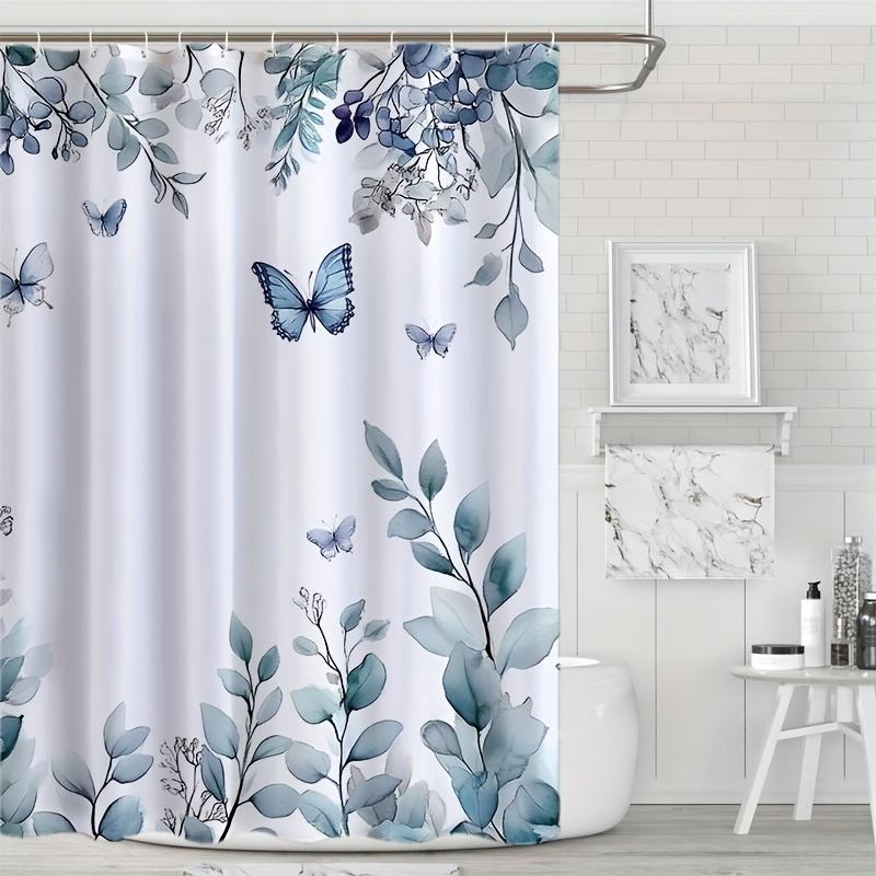 1 Elegant Floral Butterfly Shower Curtain - Polyester, Machine Washable, Artistic Bathroom Decor With Hooks, Polyester Fabric