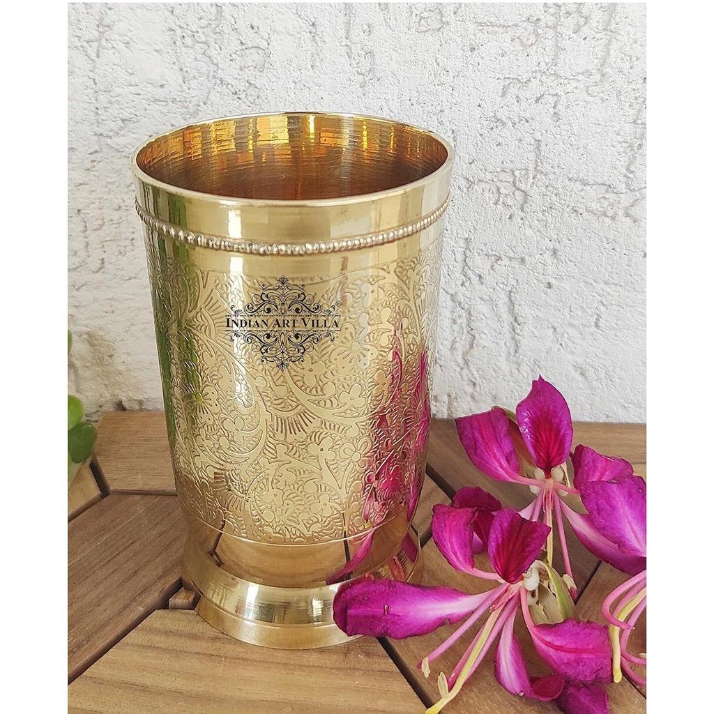 Pure Brass Glass Tumbler with Embossed Design, for Drinking Serving Water, Yoga & Ayurveda, Volume-300 ML, Set of 6