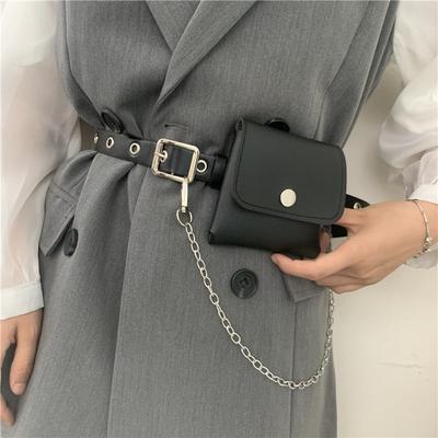 Punk Wind-concave Chain with Bag Belt Trendy Lady Belt Full-hole Leather Belt
