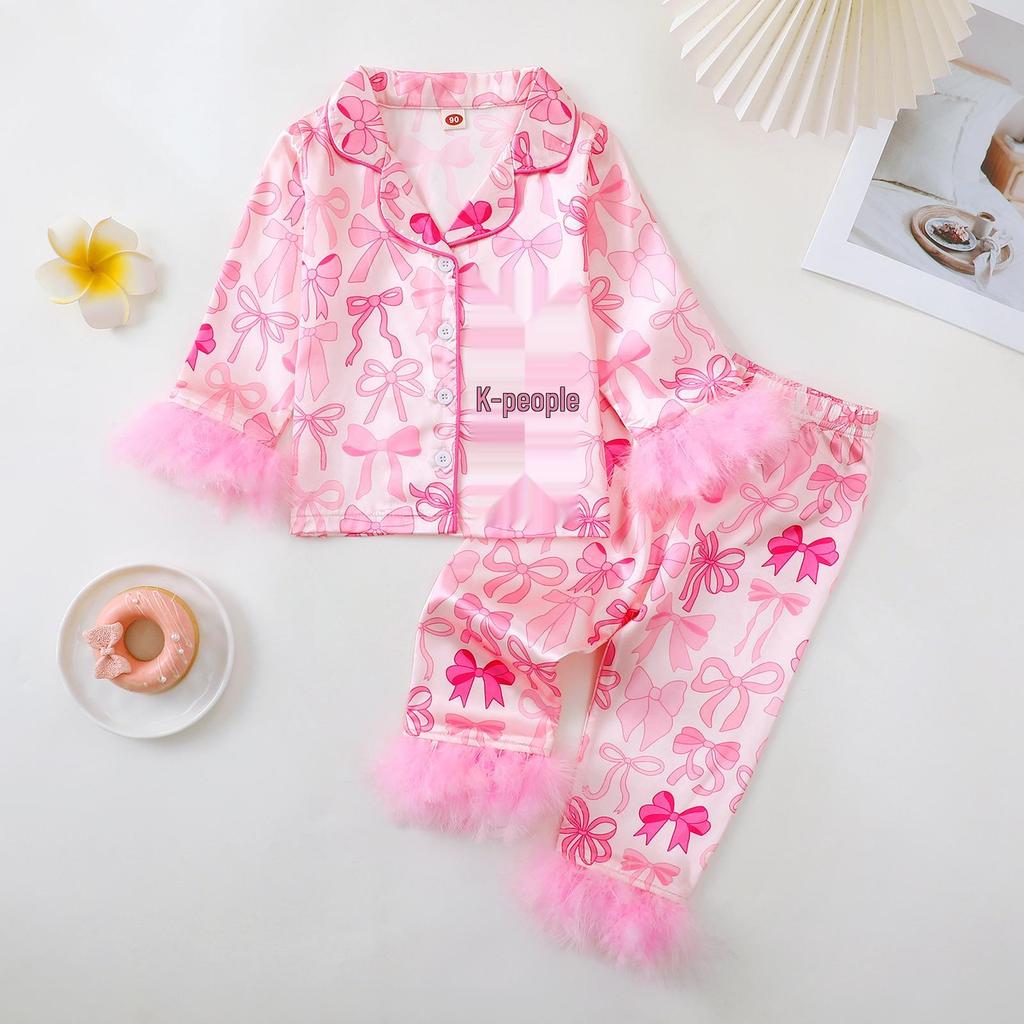 Kids' Christmas Bow Pajama Set - Casual Long Sleeve with Frayed Edges